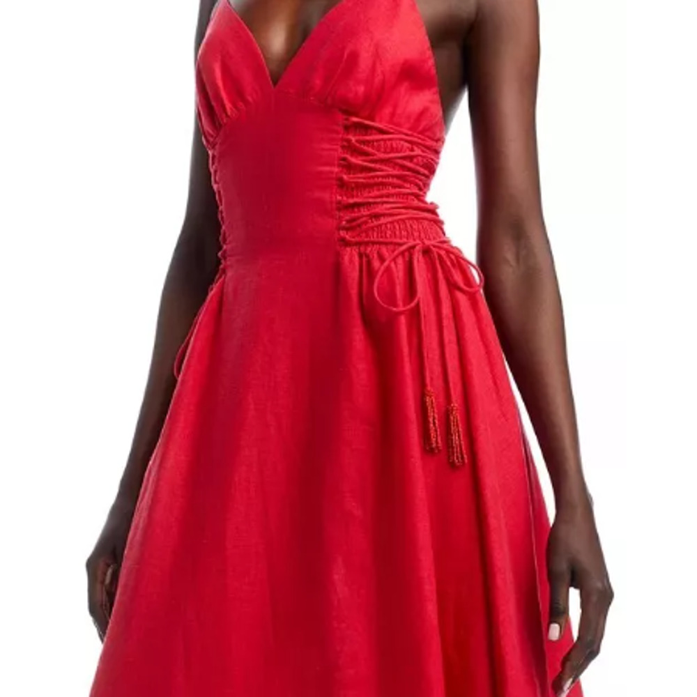 Farm Rio Linen-Blend Lace Up Midi Dress Fit & Flare Corset Glam Red Size Small - Picture 8 of 12